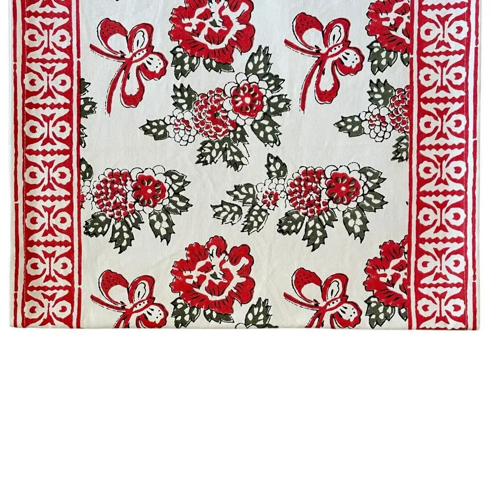 Tiramisu Block Print Cotton Table Runner 14x108 Pink & Red Floral Butterfly NEW